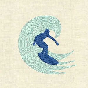 Könnte beinhalten: Eine blaue Silhouette eines Surfers, der auf einer Welle reitet, die Welle ist als eine Reihe konzentrischer Kreise in blaugrün dargestellt.
