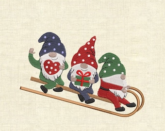 Machine embroidery designs three gnomes on sled