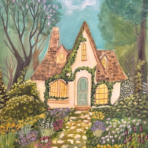 Original Painting Paper Gouache Charming Cottage Flowers 8×10