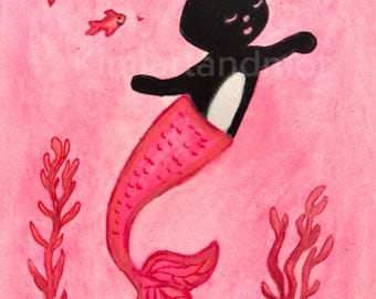 Original  Gouache Painting – Black Cat Mermaid in a Pink Sea 9”x 6”  Vintage