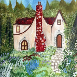 Original Painting Paper Gouache Charming Cottage Flowers 8×10