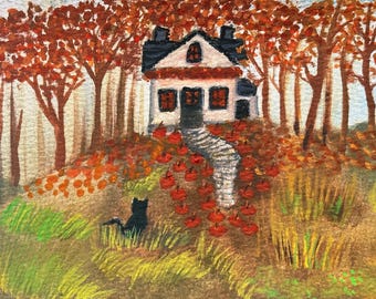 Black Cat Autumn Cottage Print | Pumpkin Patch Forest Art | Cozy Fall Landscape | Cottagecore Wall Decor | Halloween Cat Illustration 4”x6”