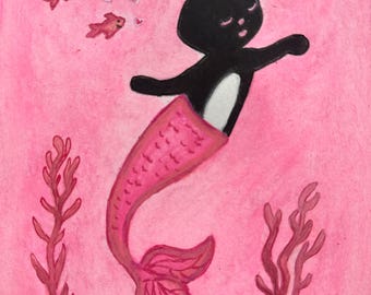 Original  Gouache Painting – Black Cat Mermaid in a Pink Sea 9”x 6”  Vintage