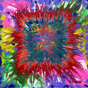 May include: Abstract painting with swirling colors of red, yellow, green, blue, and purple. The colors are blended together to create a dynamic and energetic effect.