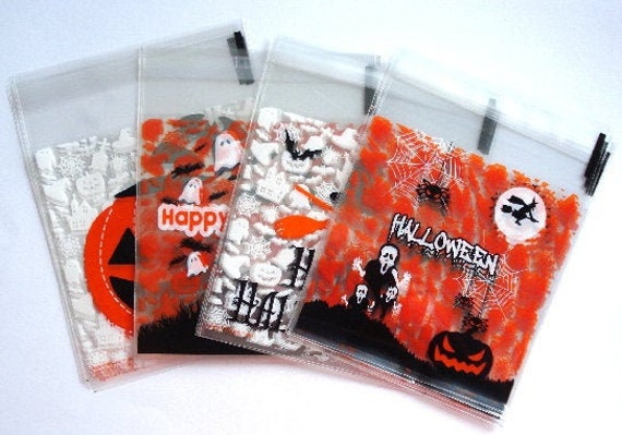 self adhesive halloween treat cello cellophane cookie candy bags party gift W 