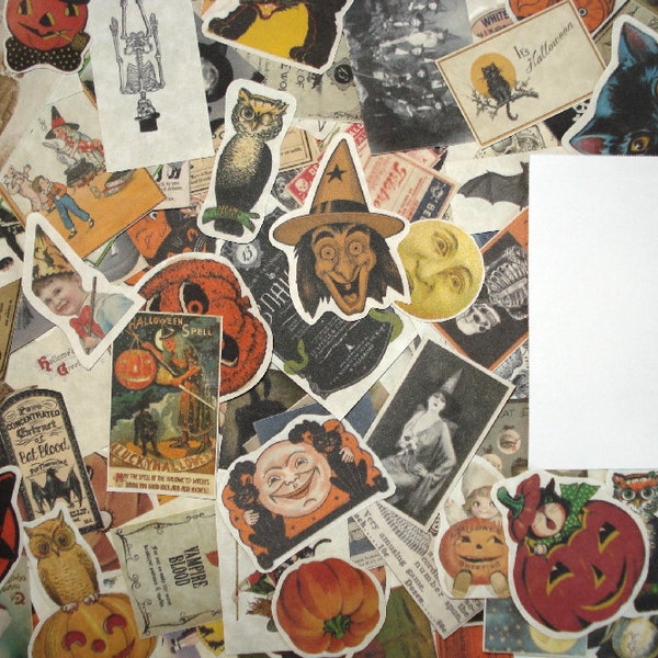 Lote de 25 reproducciones de efímeras vintage de Halloween con cortes finos, piezas pequeñas, paquete de recortes de Halloween, material de collage, ATC de Halloween, tarjetas de felicitación