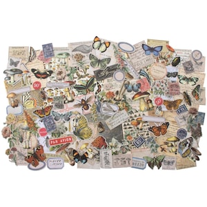 May include: A collection of vintage-style paper ephemera featuring butterflies, mushrooms, flowers, and botanical illustrations. The assortment includes labels, stamps, and text fragments in various sizes and shapes, with a color palette of beige, brown, and muted tones.