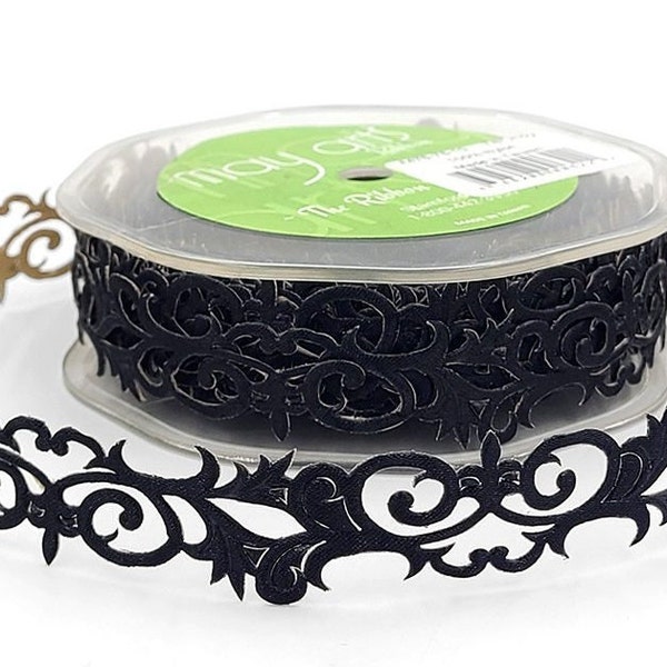 May Arts Adhesive Satin Fleur-De-Lis Scroll Ribbon - Black