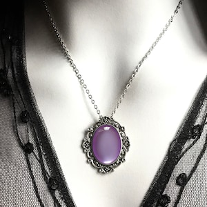 Silver Victorian Necklace, Purple Stone Cabochon Pendant, Gothic Vintage Victorian Style, Purple Cameo Necklace, Downton Abbey Jewelry