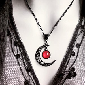 Black Filigree Crescent Moon Necklace, Blood Moon, Red Stone, Lunar Jewelry, Celestial, Gothic, Boho, Wicca, Witch, Jewelry Gift