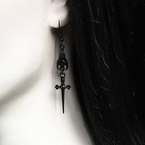 Black Bat and Sword Earrings, Gothic Earrings, Gothic Jewelry, Alternative Jewelry, Gothic Gift For Her, Bat Lover, Halloween, Vampire Bat