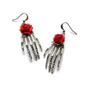 Gothic Earrings, Skeleton Hands, Red Roses, Antique Silver, Alternative Jewelry, Gothic Gift, Handmade Earrings, Halloween Jewelry