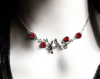 Victorian Lovebirds Necklace with Red Roses, Victorian Vintage, Gothic Victorian Jewelry, Alternative Jewelry, Bird Jewelry