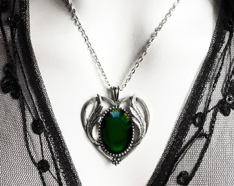 Silver Winged Heart Shaped Necklace, Dark Green Cabochon Stone, Gothic Victorian Pendant, Romantic Valentine Gift, Girlfriend Wife, Silver