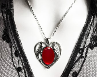 Silver Winged Heart Shaped Necklace, Red Cabochon, Gothic Victorian Pendant, Romantic Valentine Gift, Girlfriend Wife, Alternative Jewelry