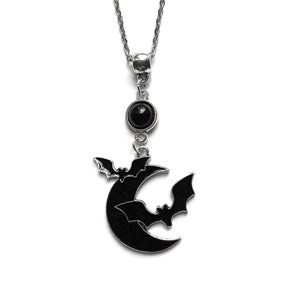 Black Moon and Bats Necklace, Goth Necklace, Flying Bats, Black Enamel Crescent Moon, Vampire Bats, Halloween Jewelry, Gothic Jewelry Gift