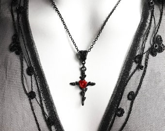 Red Rose Black Cross Charm Necklace, Gothic Victorian Pendant, Alternative Jewelry, Handmade Necklace, Gothic Jewelry, Romantic Valentine