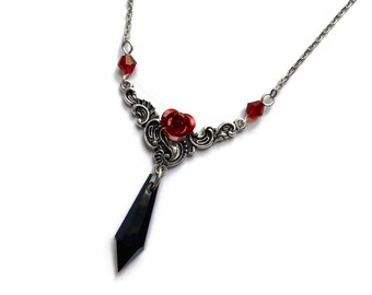 Victorian Teardrop and Red Rose Necklace, Vintage Style Victorian Jewelry, Antique Silver Pendant, Unique Gift, Gothic Wedding Jewelry