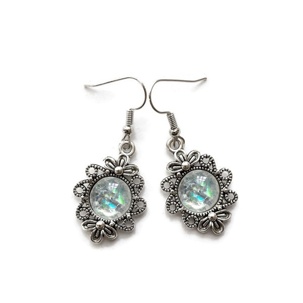 Silver Filigree Earrings, AB Glitter Stone, Lace Effect, Vintage Victorian Style, Dangle Earrings, Boho, Bohemian, Elegant, Downton Abbey