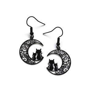 Black Moon Earrings, Cat Crescent Moon, Black Filigree Witchy Earrings, Gothic Jewelry, Cat Lover Gift, Black Cat Jewelry, Witch Jewelry