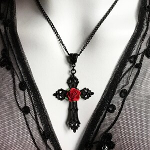 Black Cross Necklace with Red Rose, Gothic Jewelery, Statement Necklace, Cross Pendant, Gothcore, Gothic Gift, Romantic Valentine, Victorian