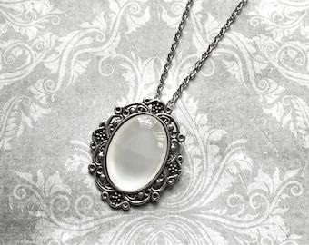 Silver Victorian Necklace, White Stone Cabochon Pendant, Gothic Vintage Victorian Style, White Cameo Necklace, Downton Abbey Jewelry