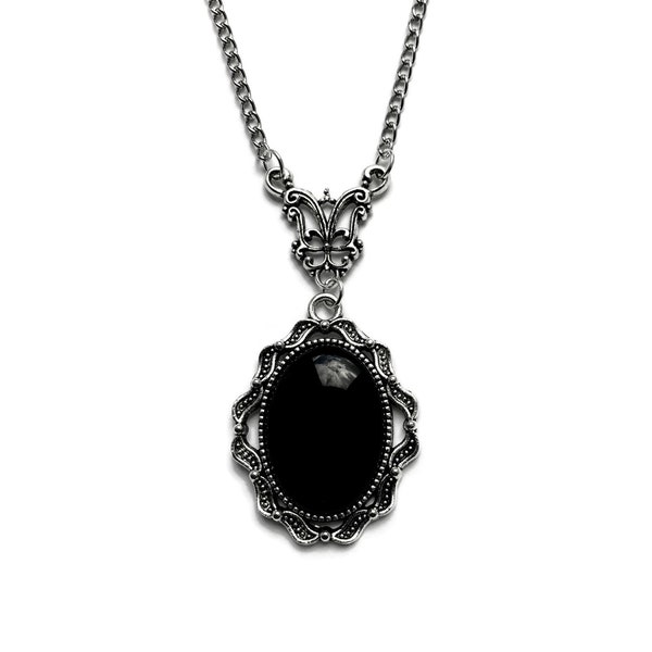 Collier cabochon vintage en argent et noir de style victorien, pendentif camée gothique victorien, cadeau romantique pour la Saint-Valentin, bijoux gothiques
