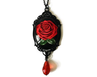 Collar de Plata de ley hecho a mano flores rojo rosa Regalo de San Valentín Real Joyas