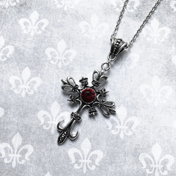 Ornate Silver Gothic Cross Necklace, Gothic Jewelry, Statement Necklace, Cross Pendant, Gift, Classic Goth Necklace, Crowns, Fleur de Lis