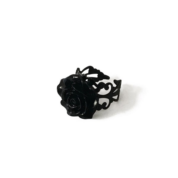 Bague gothique victorienne rose noire, bague filigrane réglable, bijoux gothiques victoriens, bijoux alternatifs, cadeau romantique pour la Saint-Valentin