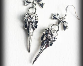Raven Skull Earrings, Crow Skull Earrings, Gothic Earrings, Bird Skull Earrings, Antique Silver, Gothic Jewelry, Alternative Jewelry