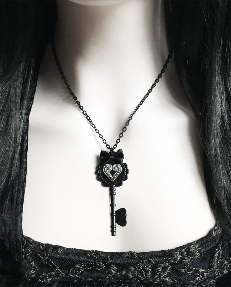 Black Key Necklace With Silver Heart Gothic Victorian Etsy