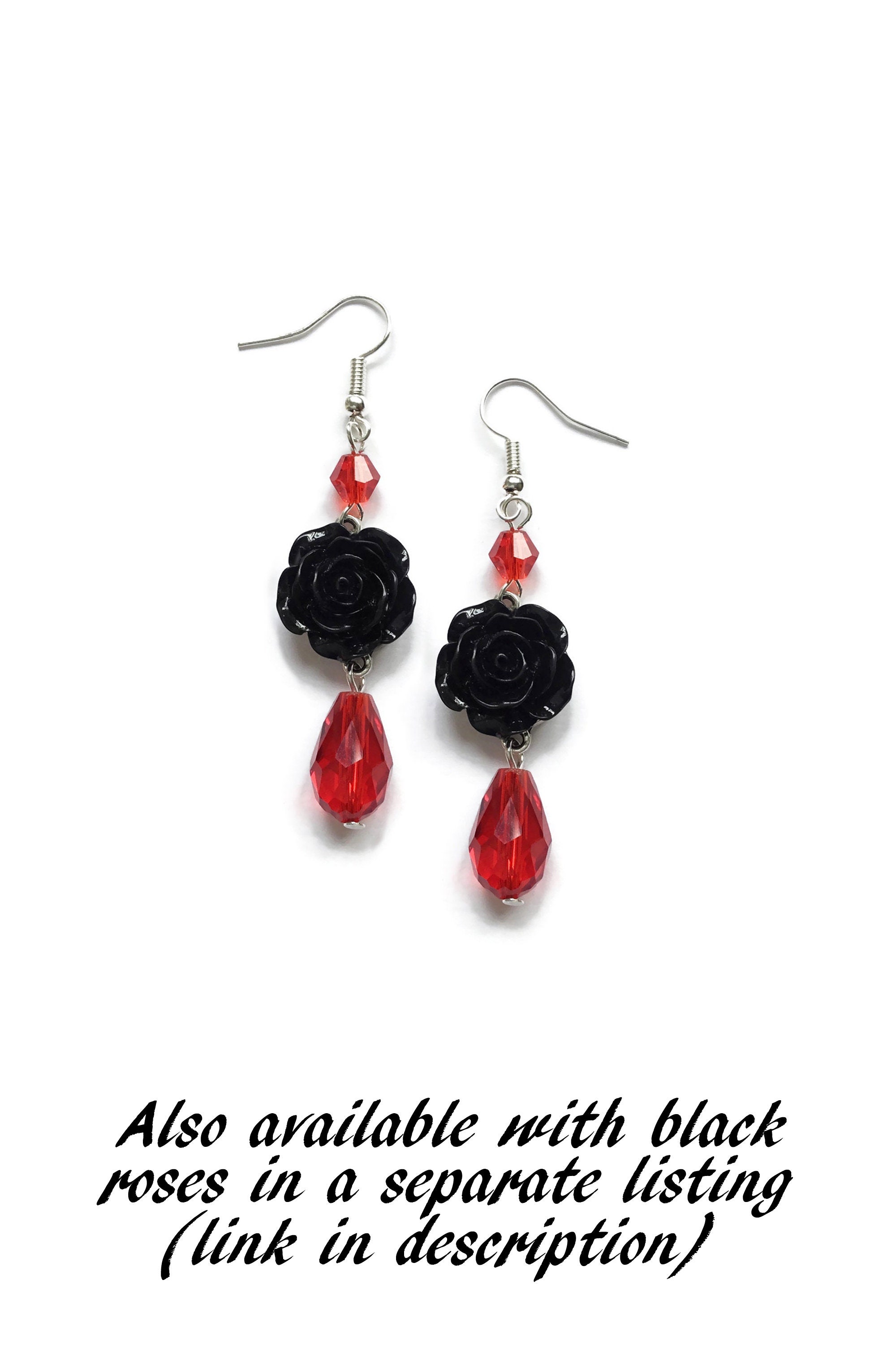 Red Rose Earrings With Black Beads Rockabilly Jewelry Gothic Etsy UK