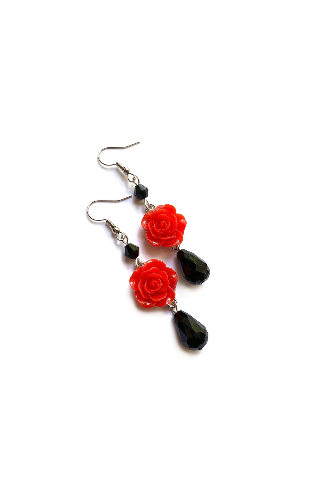 Red Rose Earrings With Black Beads Rockabilly Jewelry Gothic Etsy UK