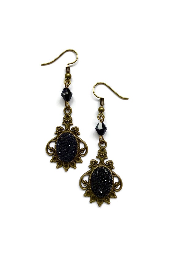 Black Druzy Cameo Chandelier Earrings Antique Bronze Uk Black Druzy Cameo Chandelier Earrings, Vintage Brass Chandelier Earrings Uk