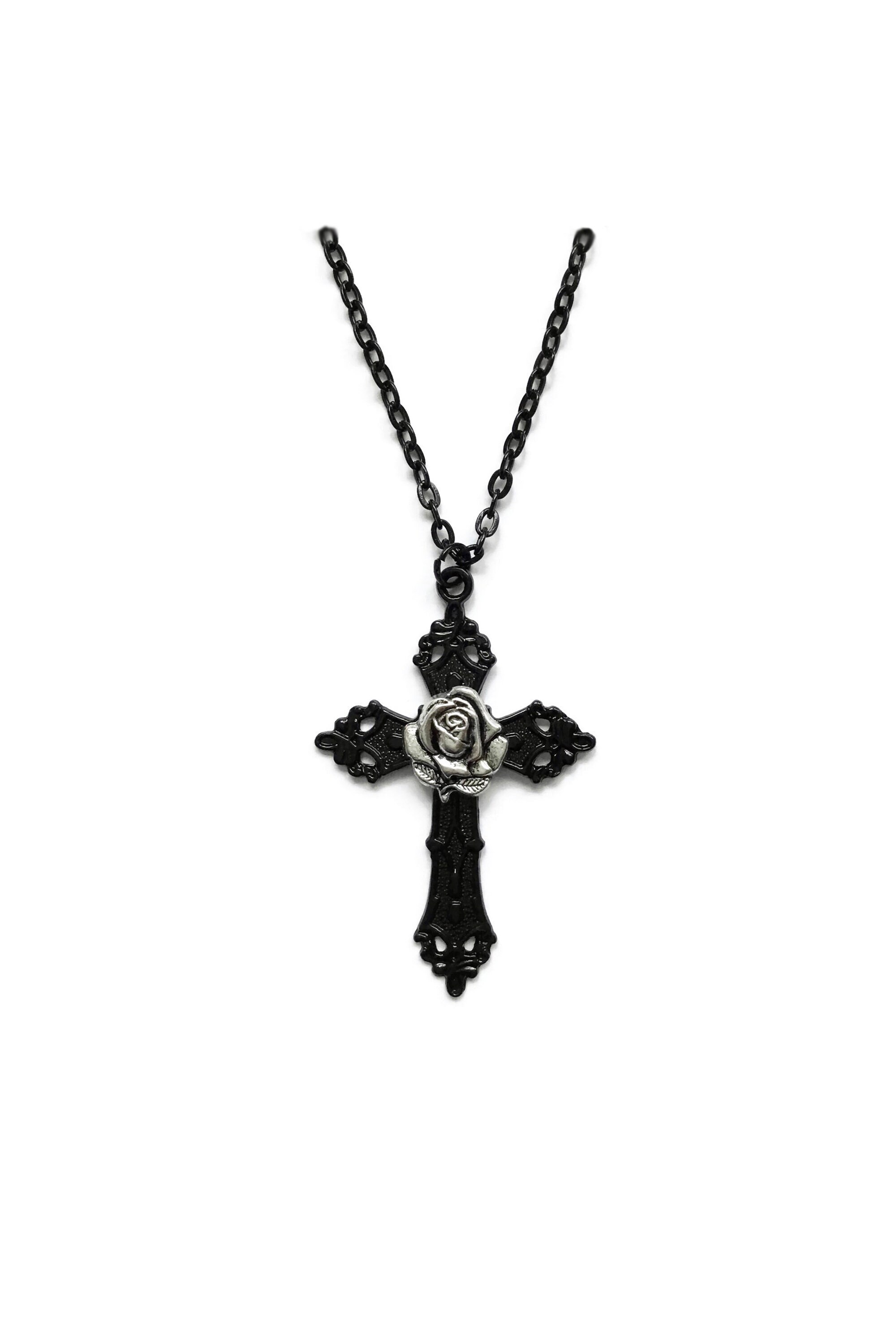 Black Gothic Cross Necklace With Silver 