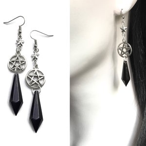 Silver Pentagram Earrings with Black Teardrop Beads, Gothic Jewelry, Wiccan Witch Pagan Alternative Earrings, Gothic Gift, Pendulum Jewelry