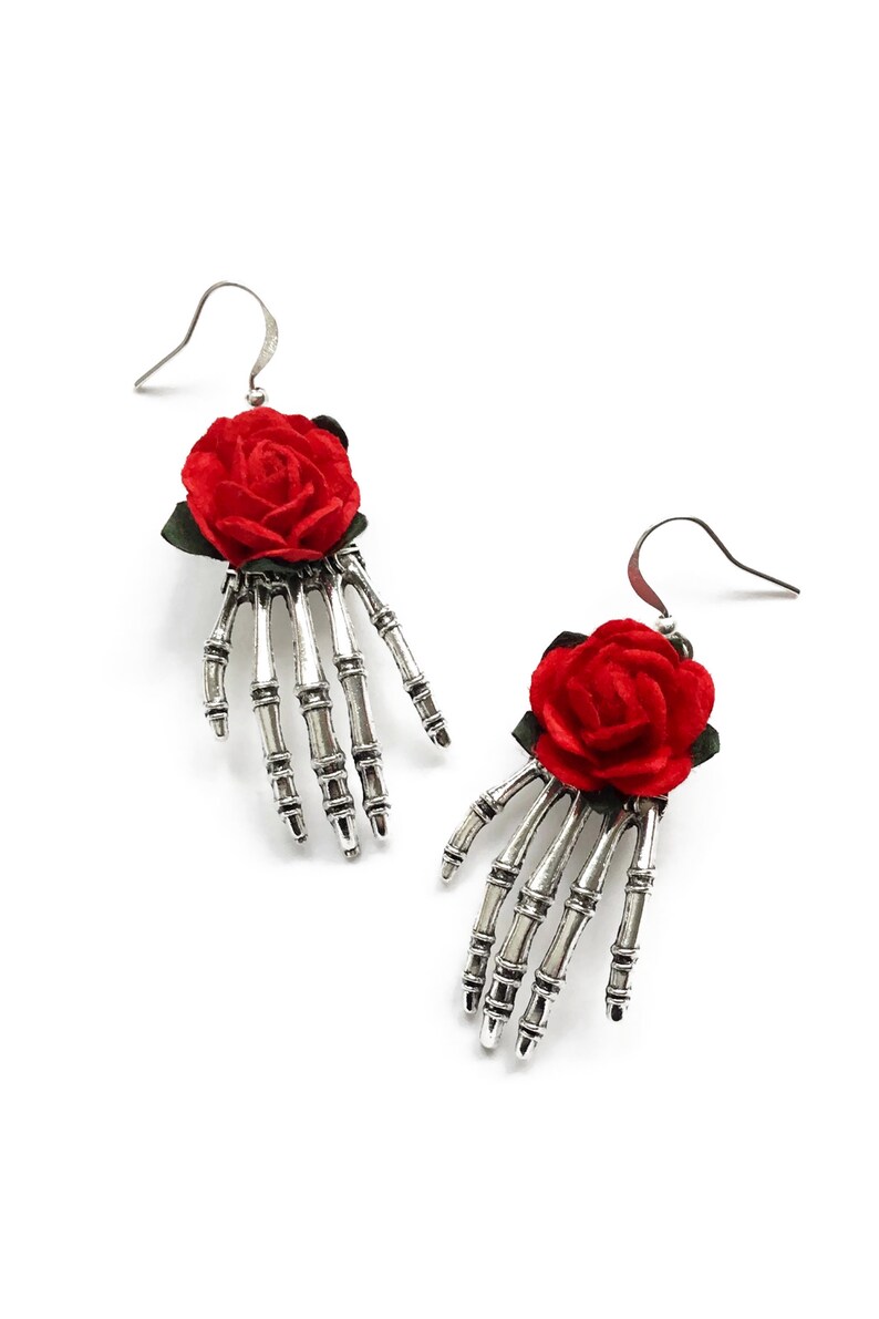 Gothic Earrings Skeleton Hands Red Roses Antique Silver Etsy