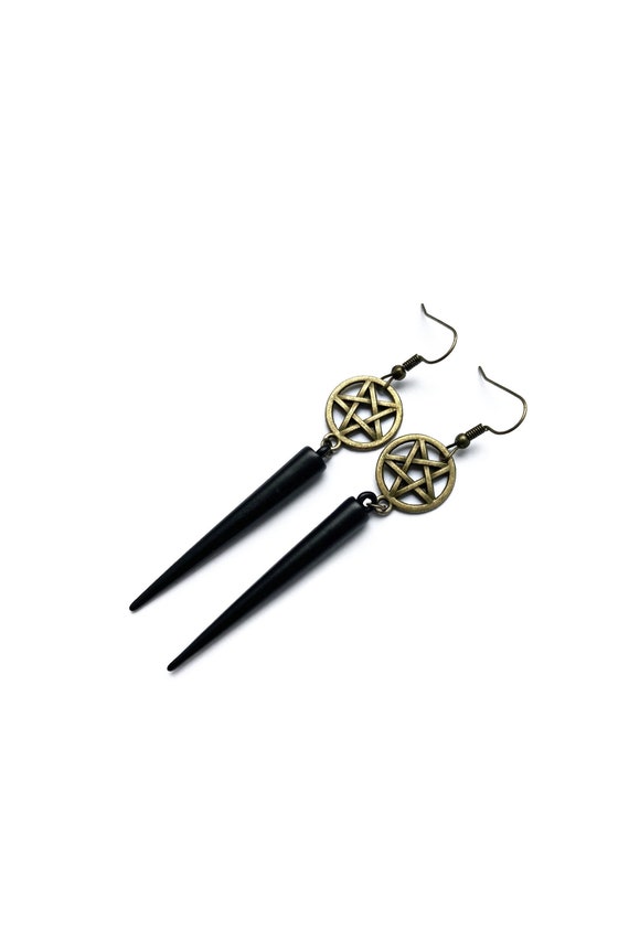 Bronze Pentagram Earrings With Black Spikes Gothic Wiccan Etsy