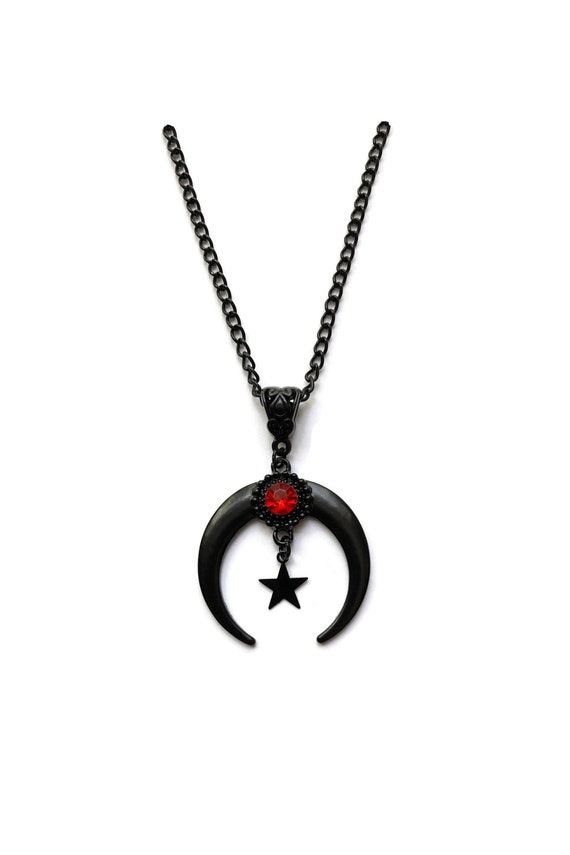 Black Inverted Moon Necklace Red Stone Black Star Gothic
