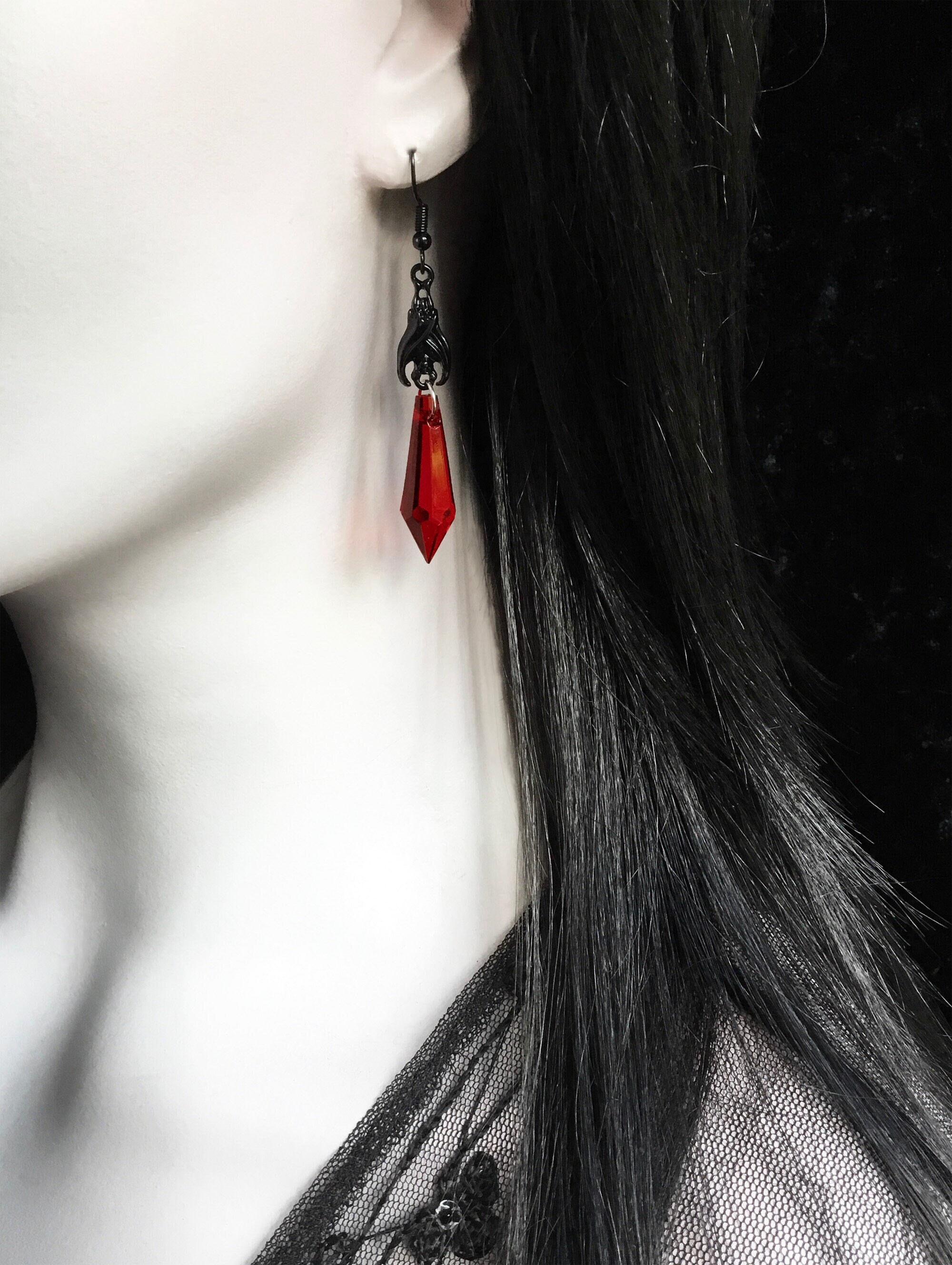 Black Bat Earrings With Red Teardrop Beads Gothic Earrings