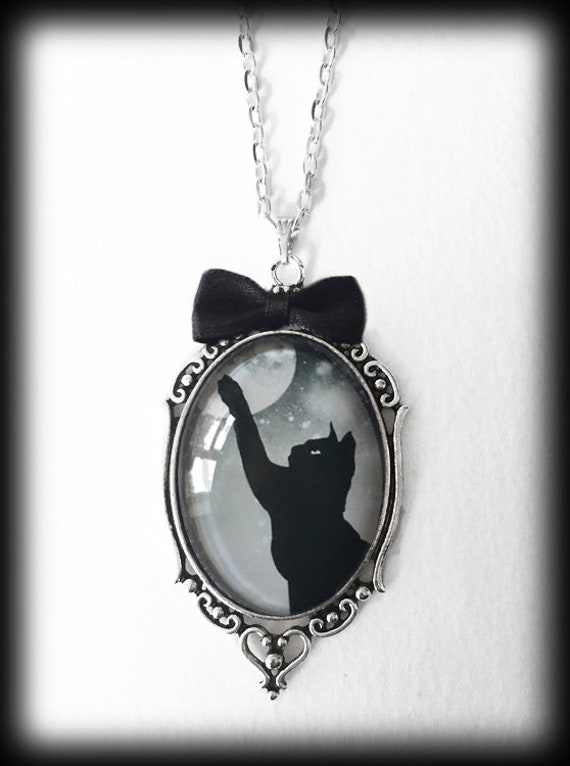 Halloween black cat moon pumpkin glass cameo necklace