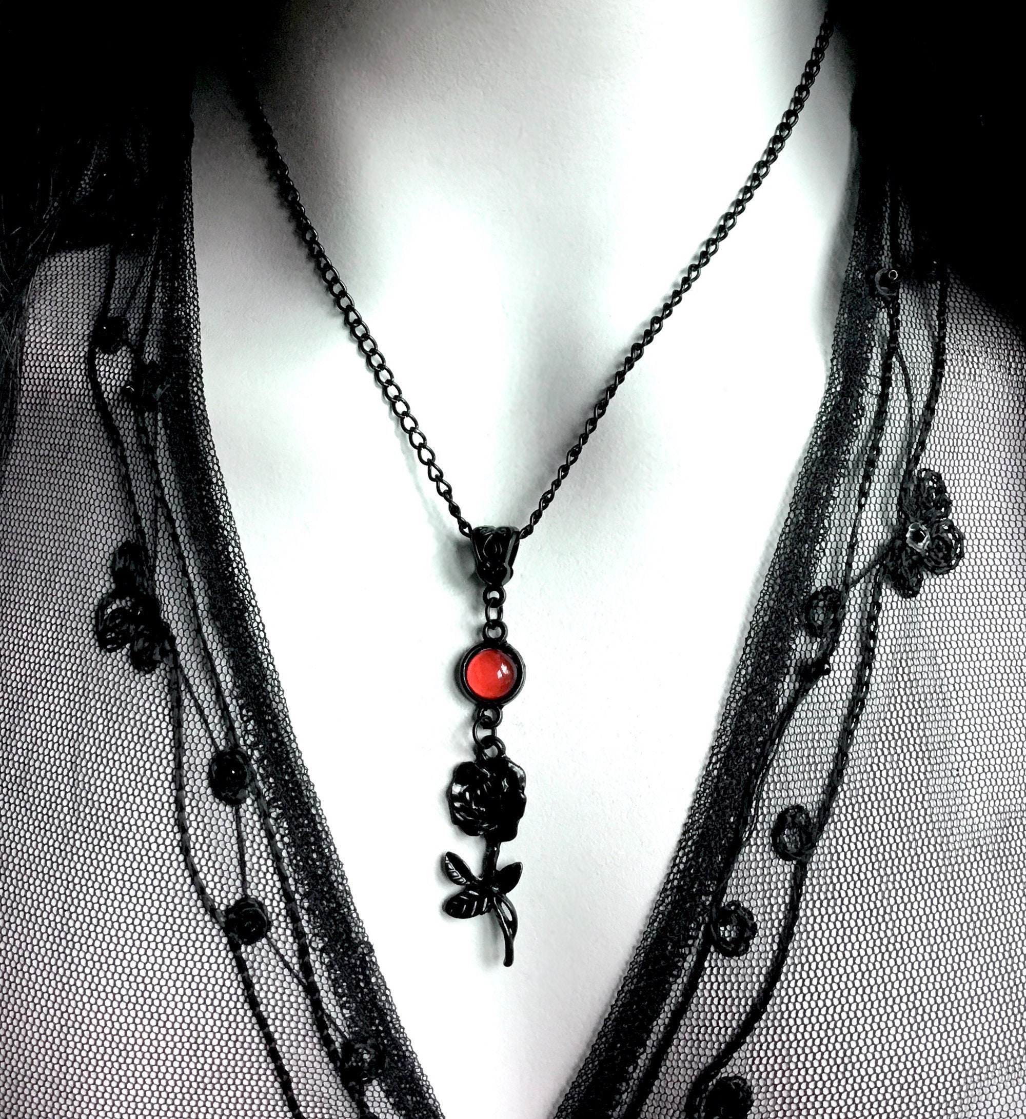 Black Rose Gothic Necklace With Ruby Red Stone Victorian Pendant