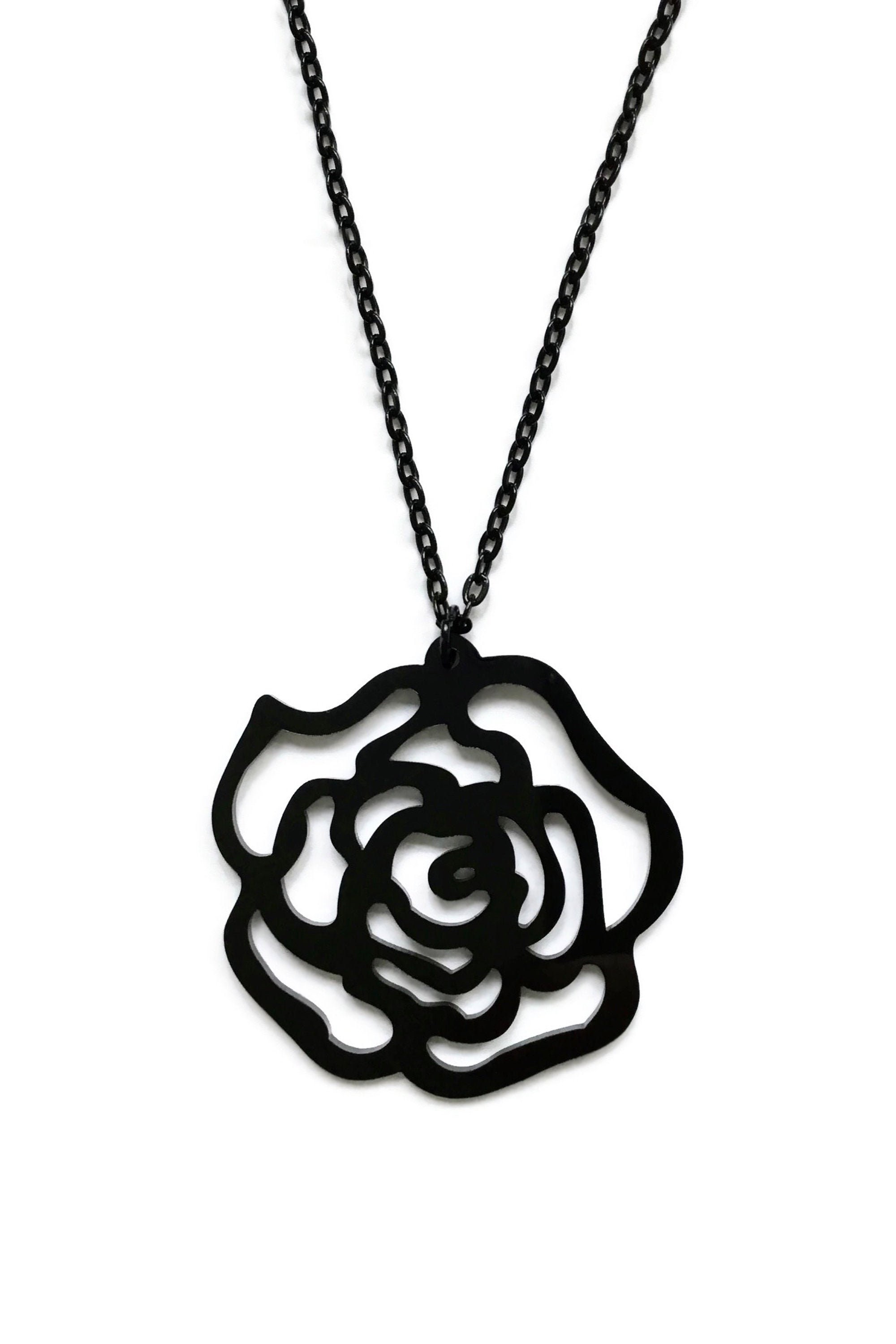 Black Rose Gothic Necklace Black Acrylic Rose Pendant Gothic Etsy