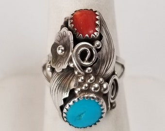 Navajo Turquoise Coral Sterling Ring, large silver ring, vintage size 7-1/2 silver ring for men or women