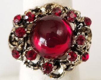 Red Rhinestone Silvertone Ring, Red Poured Glass Rhinestone Ring, Size 7 US, Unsigned