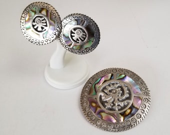Taxco Sterling Abalone Earrings and Brooch Set, Round Taxco Screw Back Earrings, Hallmarked