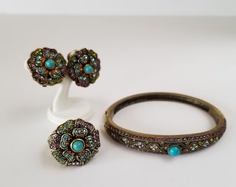 Heidi Daus ring, bracelet, earrings, flower ring, clip earrings and 7 inch bronze tone bangle bracelet, faux turquoise and rhinestone parure