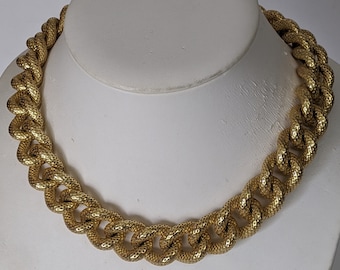 Unoaerre Italy Chunky Chain Necklace, Statement Gold Tone Chain Link Necklace, Textured Gold Tone Chain Necklace, Signed