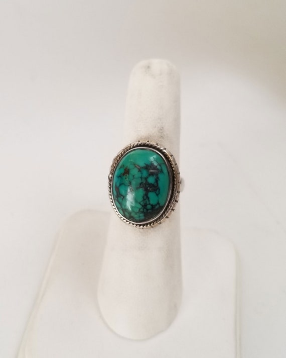 Turquoise size 6 Ring, large blue-green cabochon … - image 2